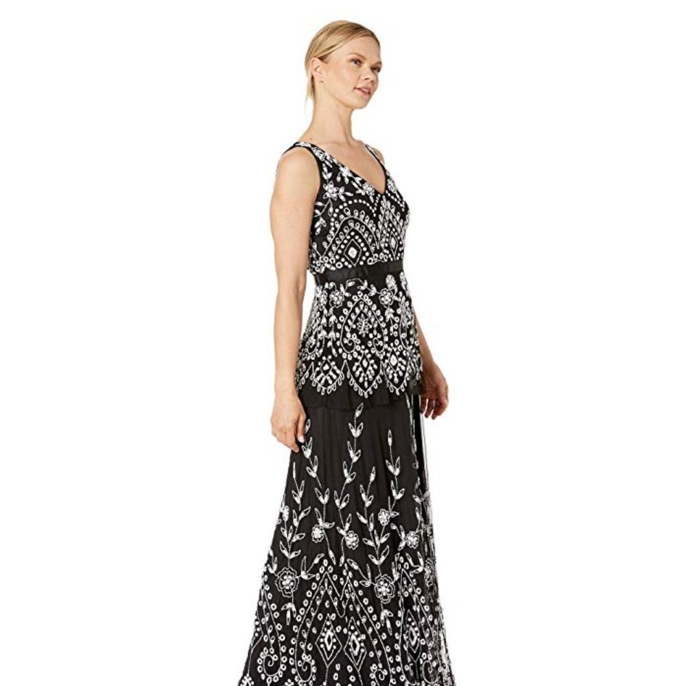 Adrianna Papell Beaded Mesh V-Neck Gown